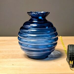 Blue Ribbed Glass Vase